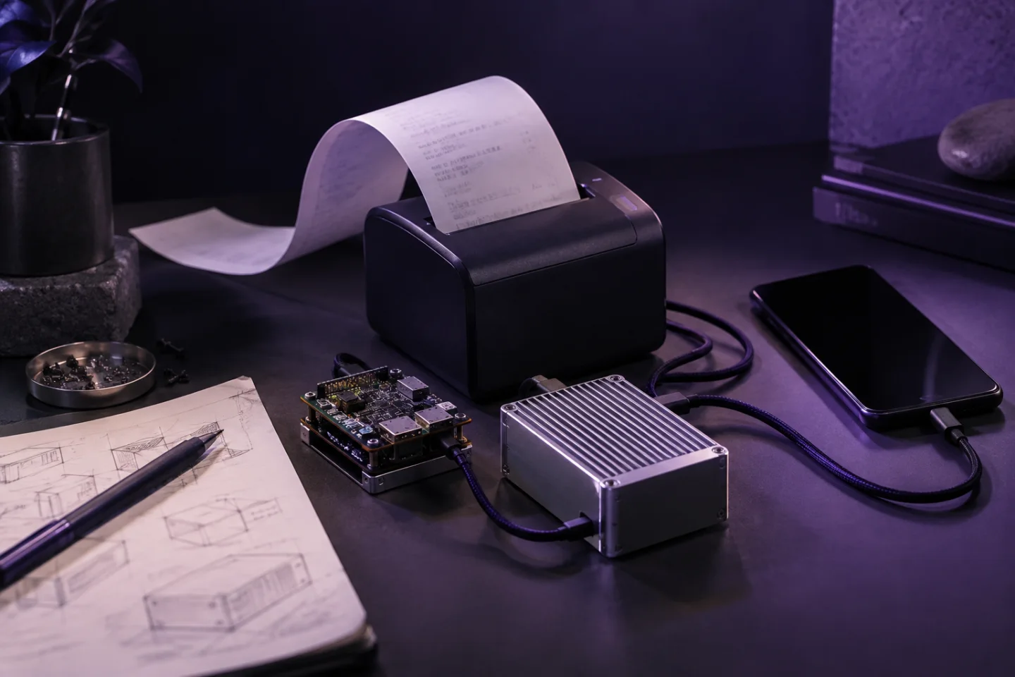 Receipt verification tools arranged on a violet-lit desk.
