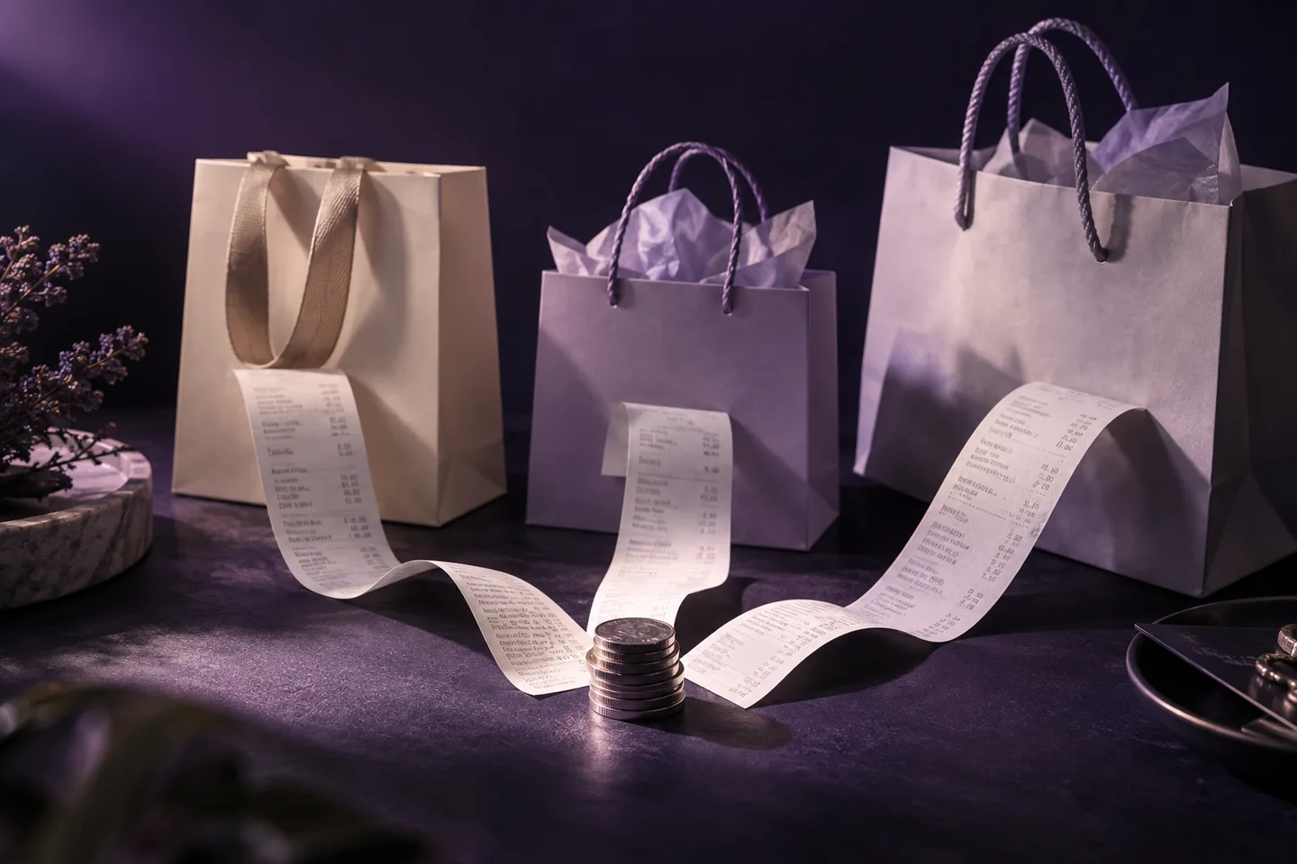 Shopping bags and receipts from different stores beside reward coins.