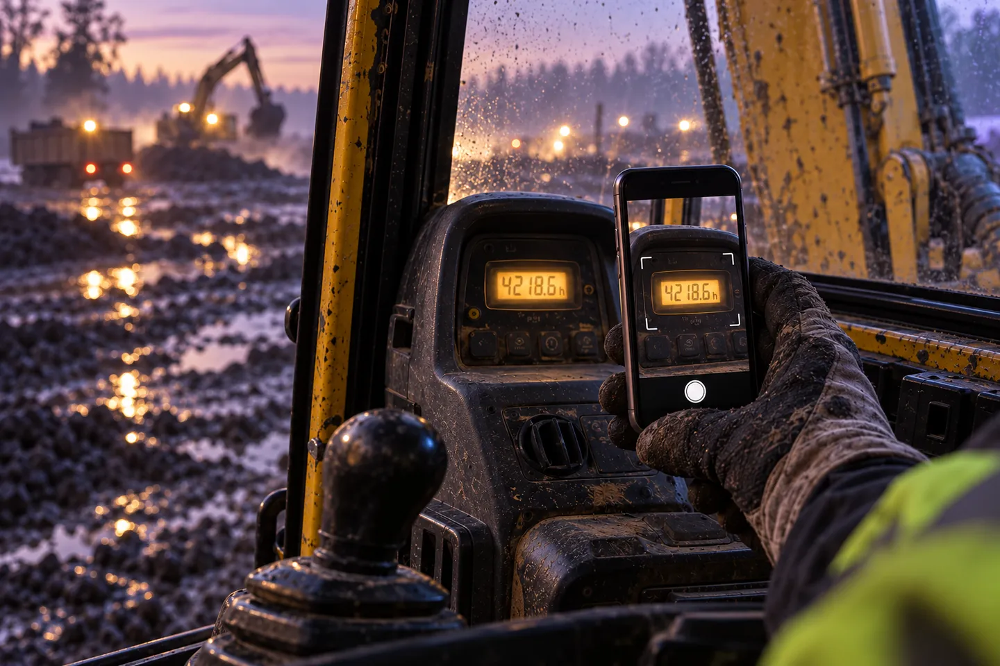 An operator photographing an excavator hour meter with its reading visible on the phone screen, overlooking misty earthworks at dusk.