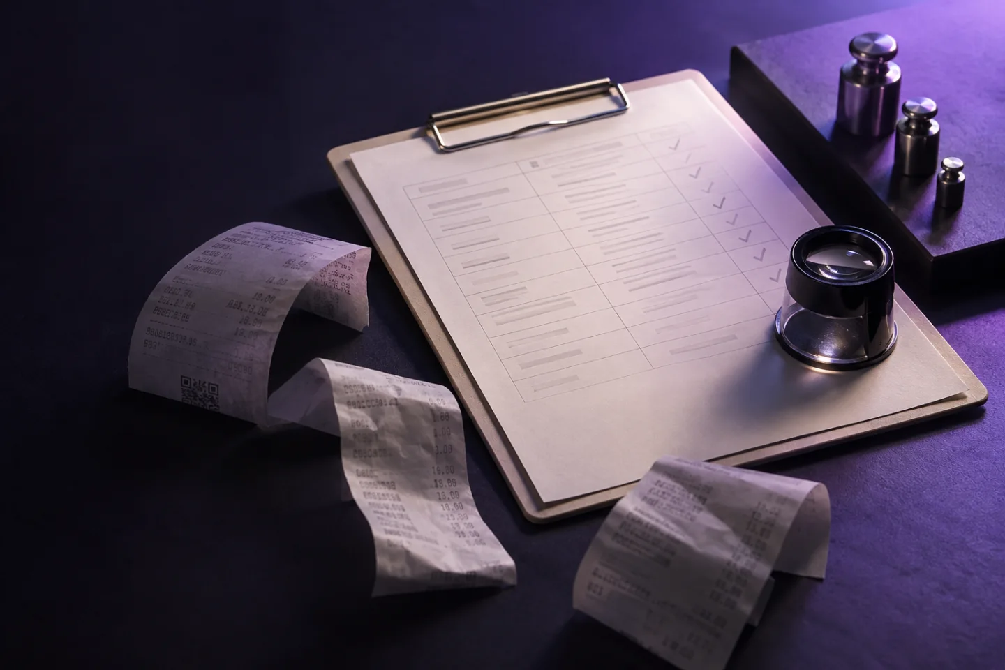 Receipts and an evaluation checklist under violet light.