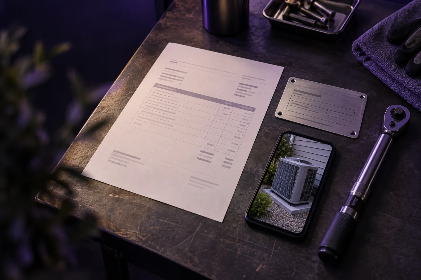 An invoice, product label and phone documenting an installation.