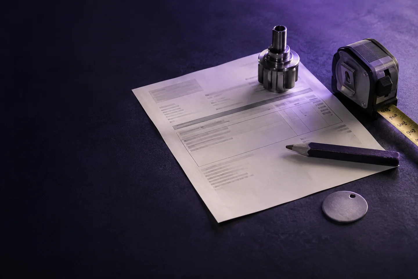 A trade invoice and contractor tools under violet light.
