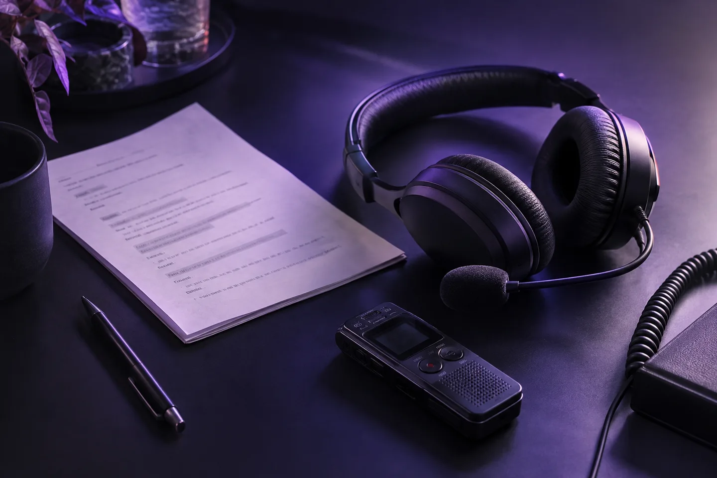 A call center headset, recording device, and printed script.