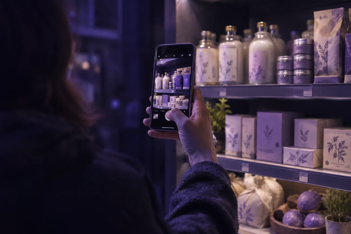 A shopper photographing a grocery shelf as evidence of a store visit.