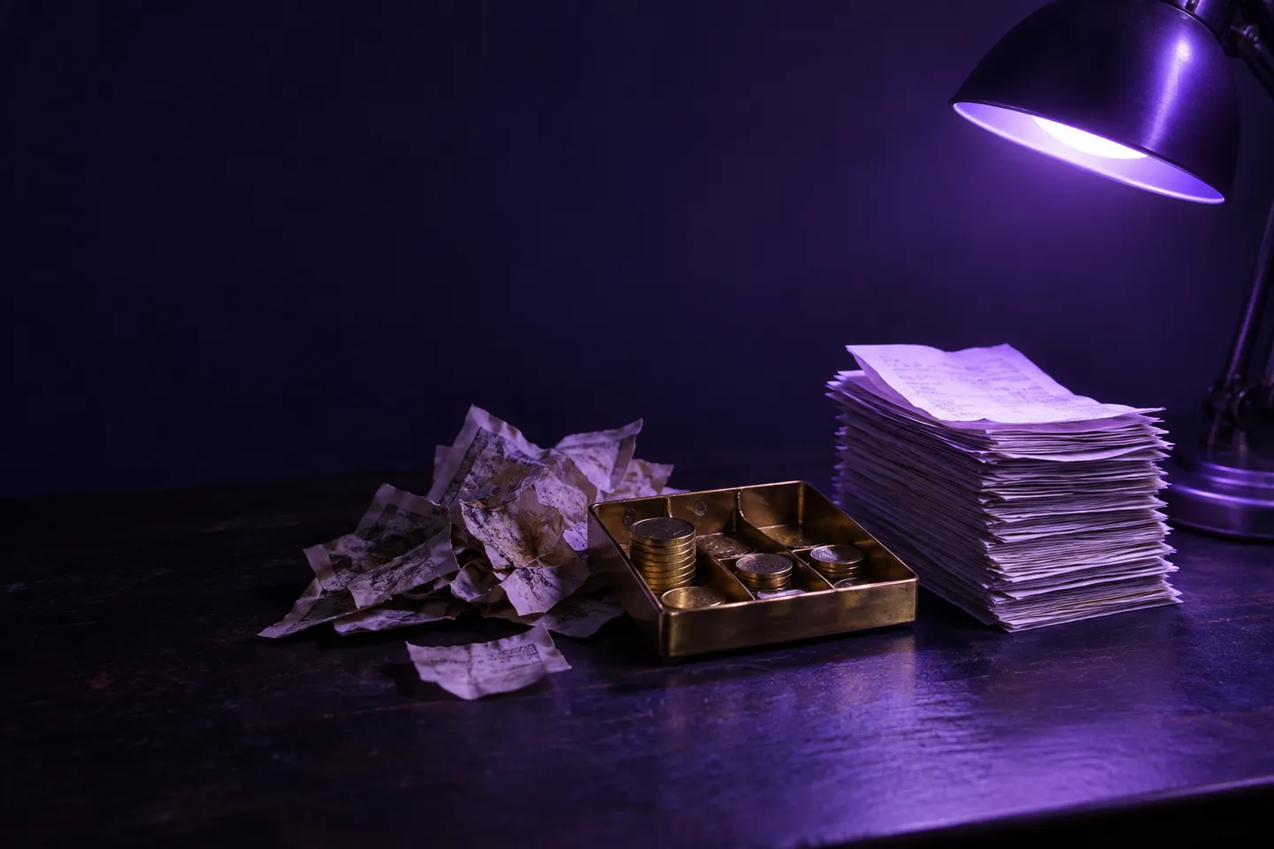 Neat and crumpled receipt piles beside a brass coin-counting tray under a violet desk lamp.