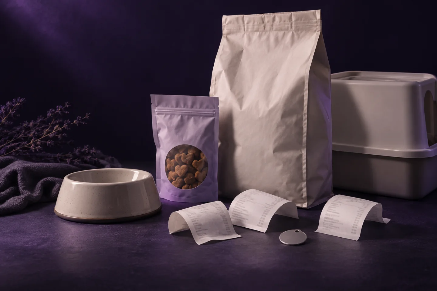 Pet-care products and purchase receipts under violet light.