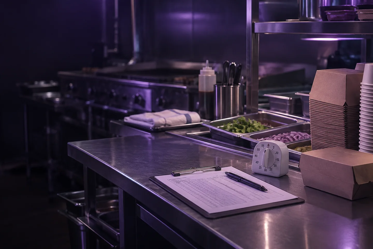 A restaurant preparation counter with an inspection checklist.
