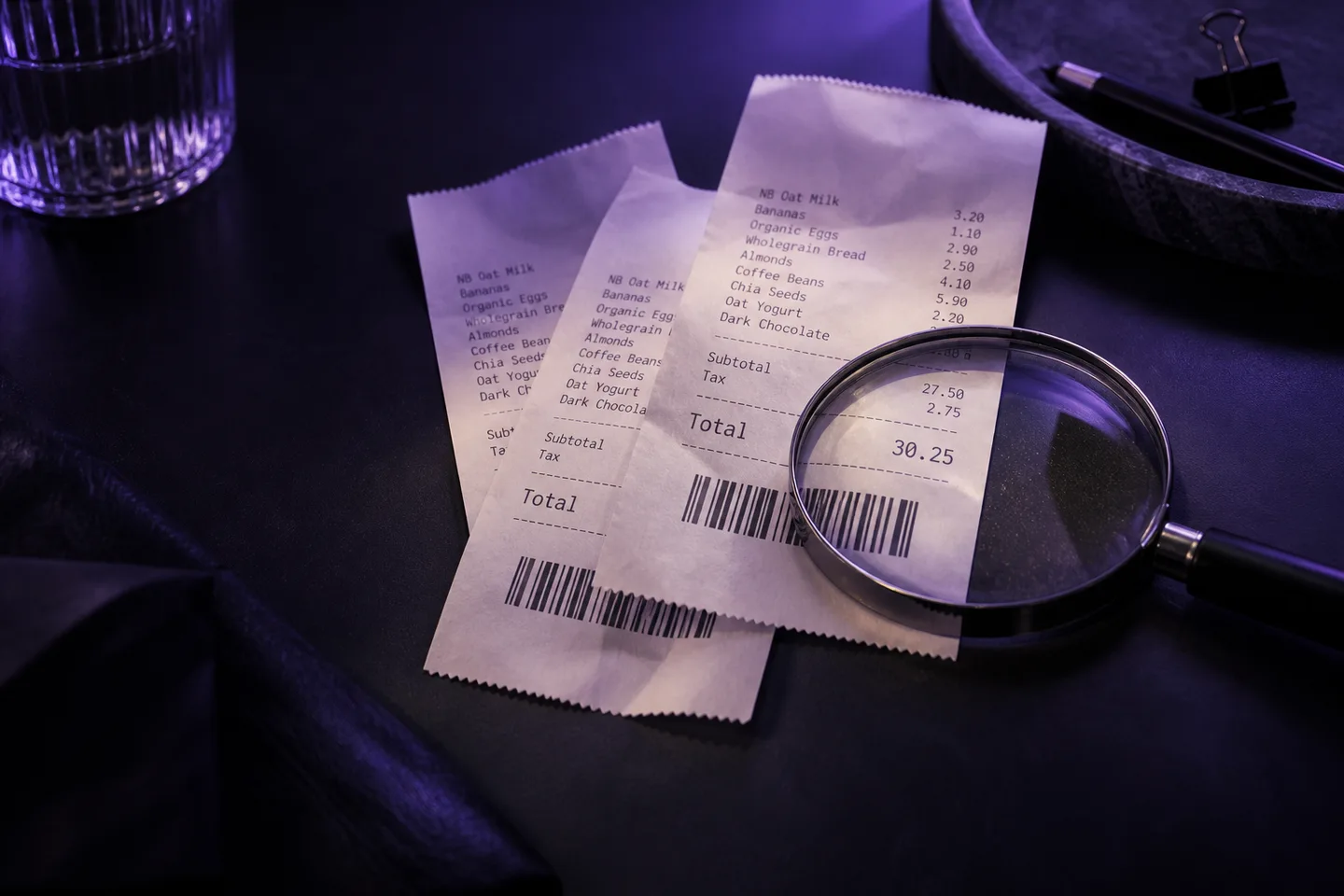 A magnifying glass examining matching shopping receipts.