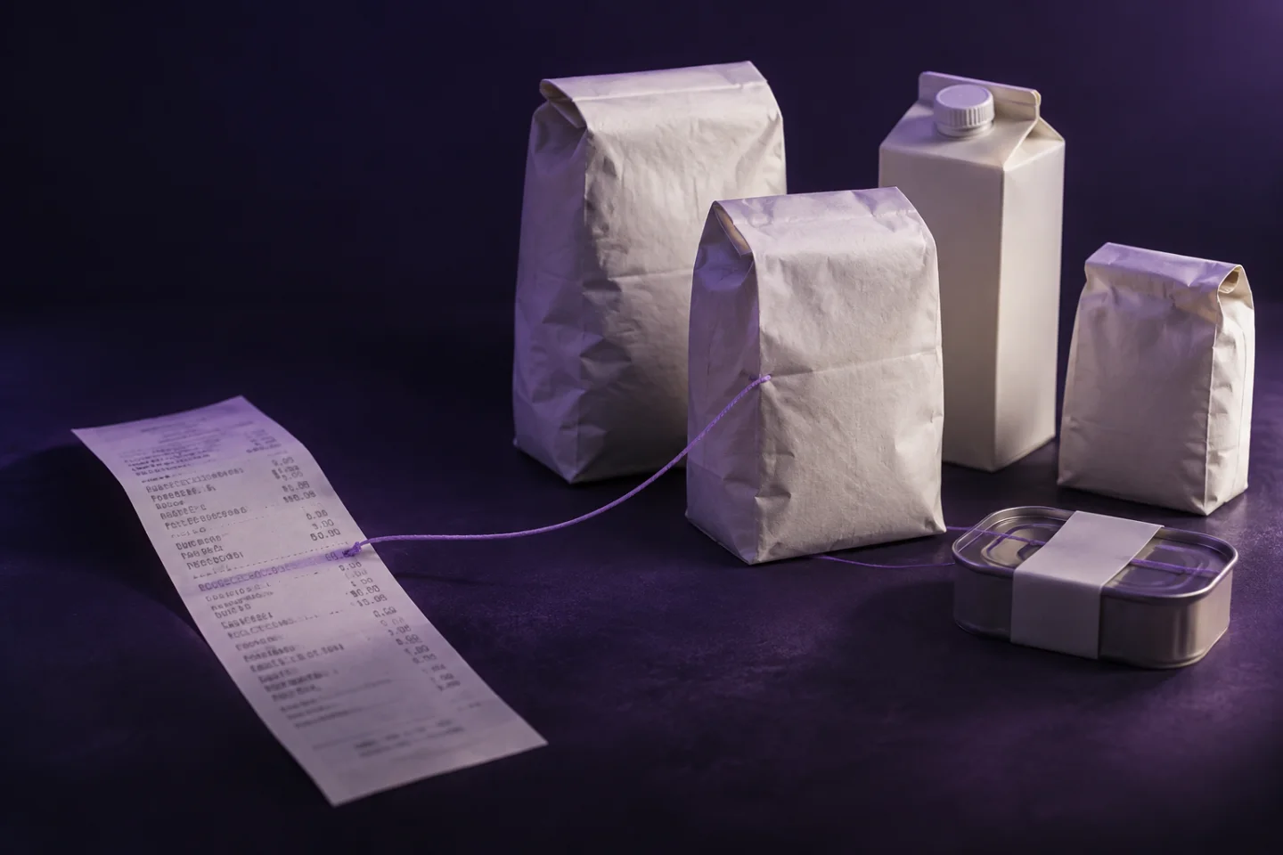 Receipt line items beside unbranded products under violet light.