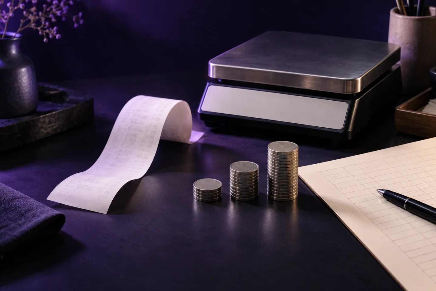 A receipt, balance scale and coin stacks on a violet-lit desk.