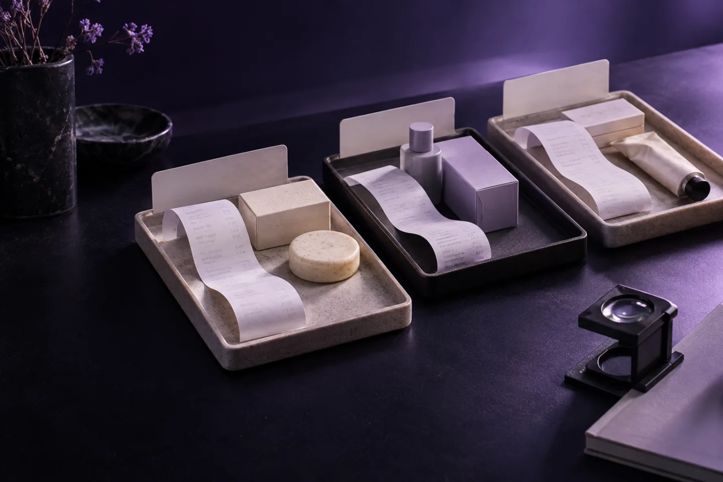 Separate client folders and receipts on a violet-lit desk.